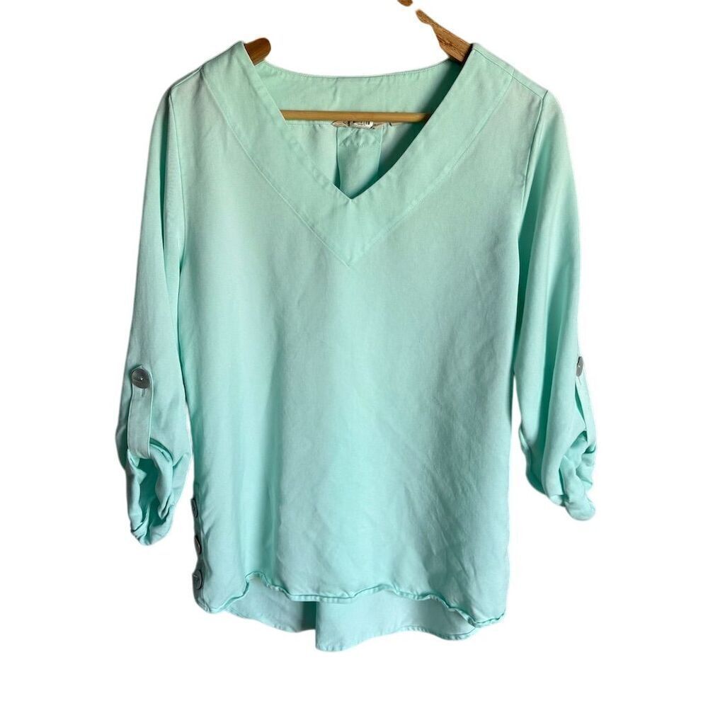 Soft Surroundings Women's M Mint Green V-Neck Tunic 3/4 Sleeve Top